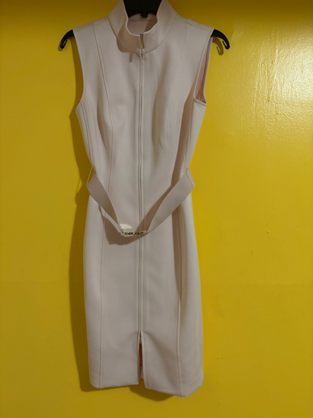 Marc New York Sleeveless Cream Midi Dress with Front Zip and Belt Accent